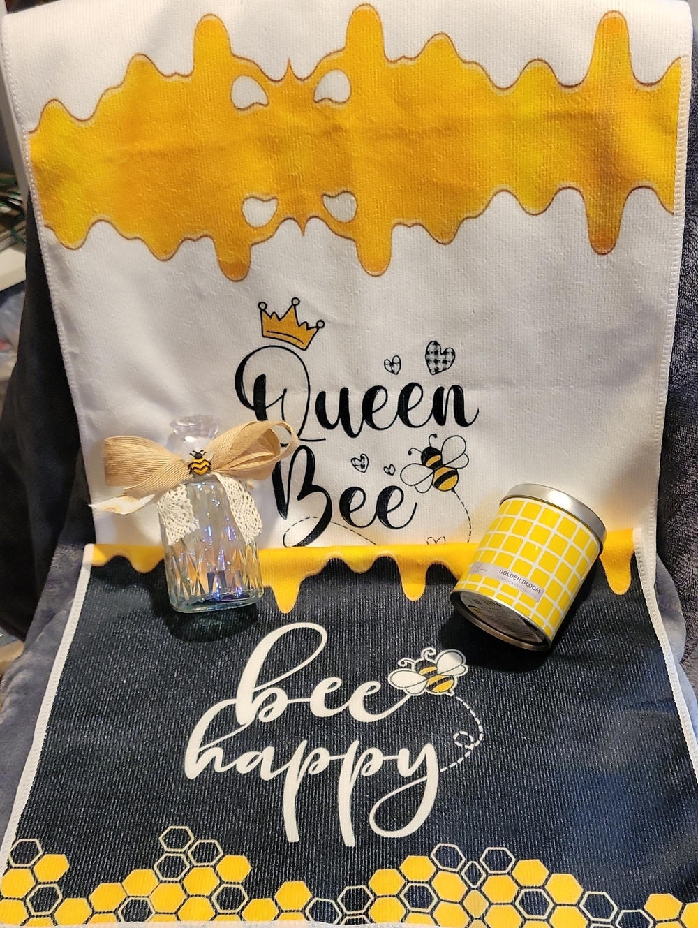 Queen Bee Kitchen Towel Set - Yellow & Black, Candle And Bee Glass Jar For Epsom